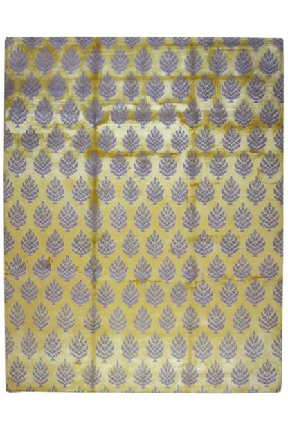 Designer rug with an even purple ornamental pattern on a yellowish background