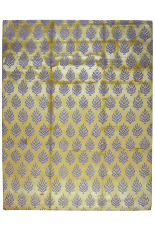 Designer rug with an even purple ornamental pattern on a yellowish background
