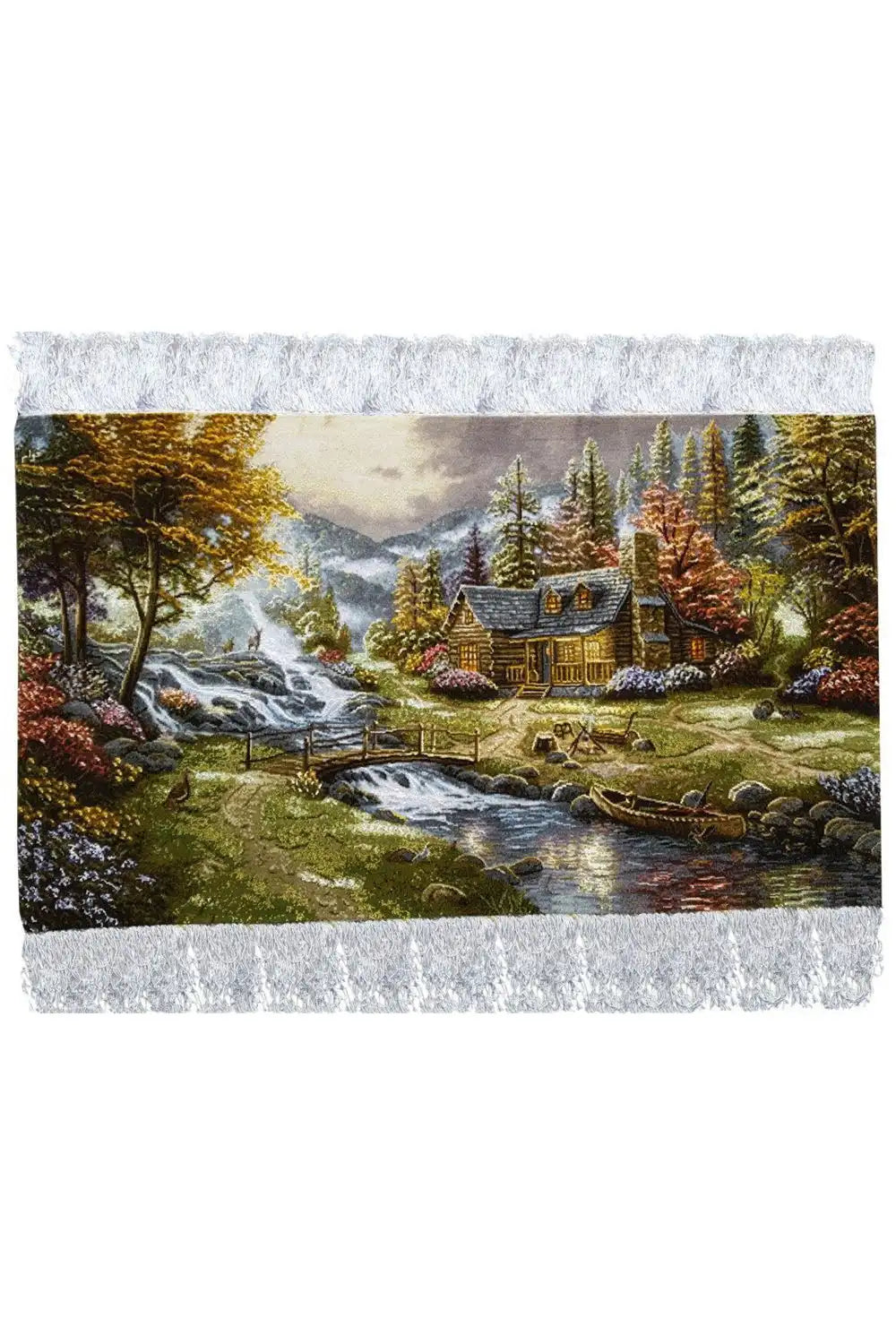 Rug 96x55 cm with a landscape design and white fringed edges on both sides