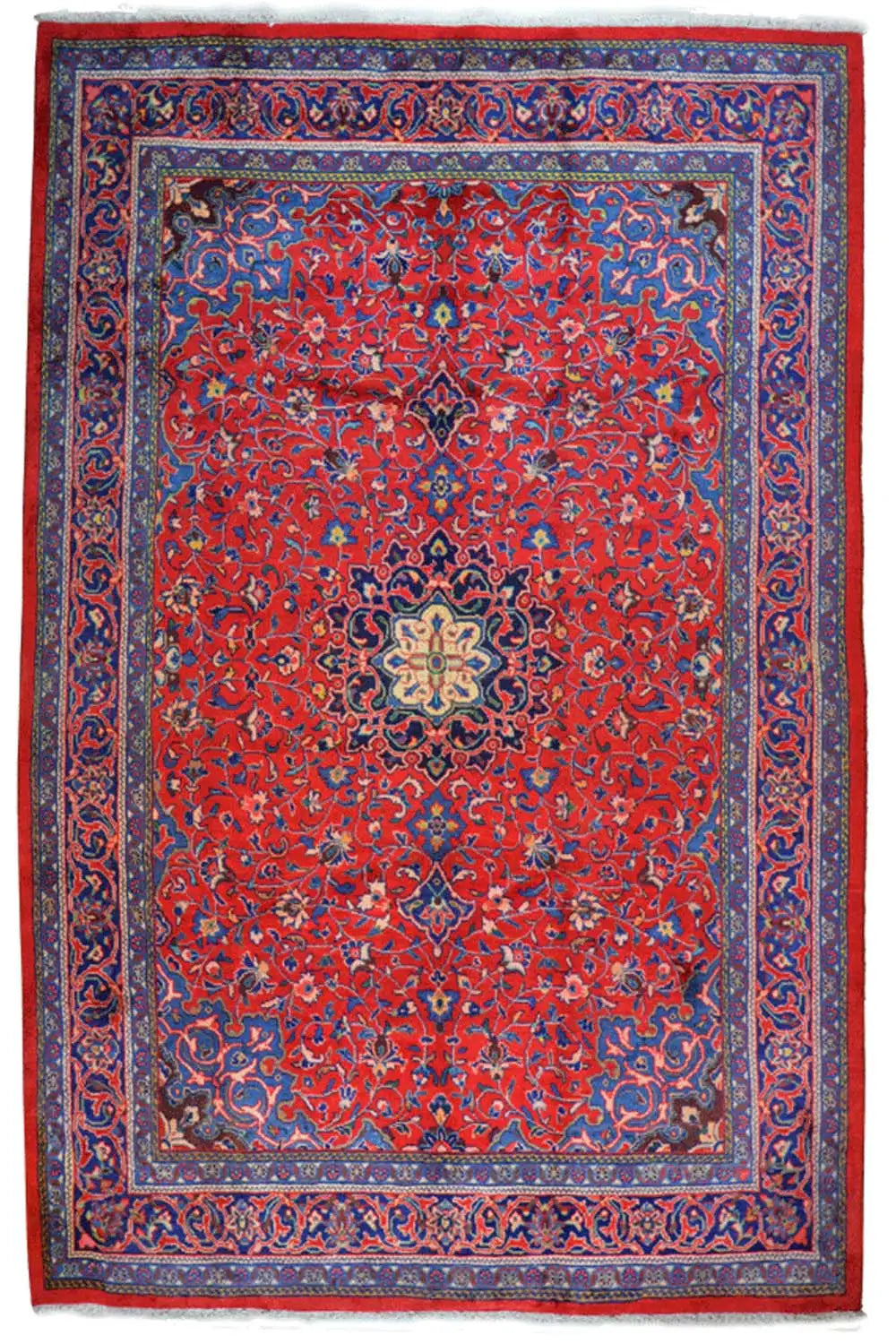 Red carpet field with a blue border, central medallion, and ornaments