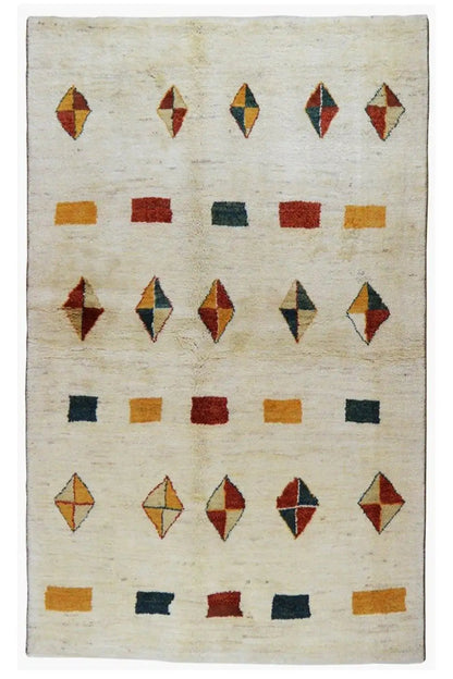 Complete Gabbeh rug: rows of diamonds, rectangles, and squares in red and blue