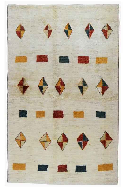 Complete Gabbeh rug: rows of diamonds, rectangles, and squares in red and blue