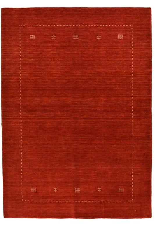 Red rectangular Gabbeh rug with a centered patterned field and a simple border