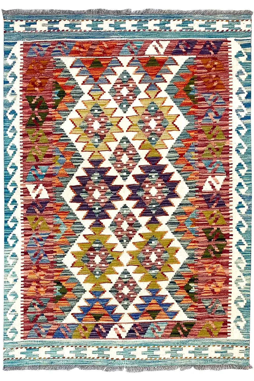Afghan kilim 142x98 cm with a geometric pattern in blue, red, and green