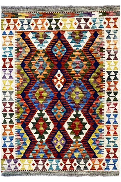Kilim rug with a geometric pattern, multicolored, rectangular, fringed