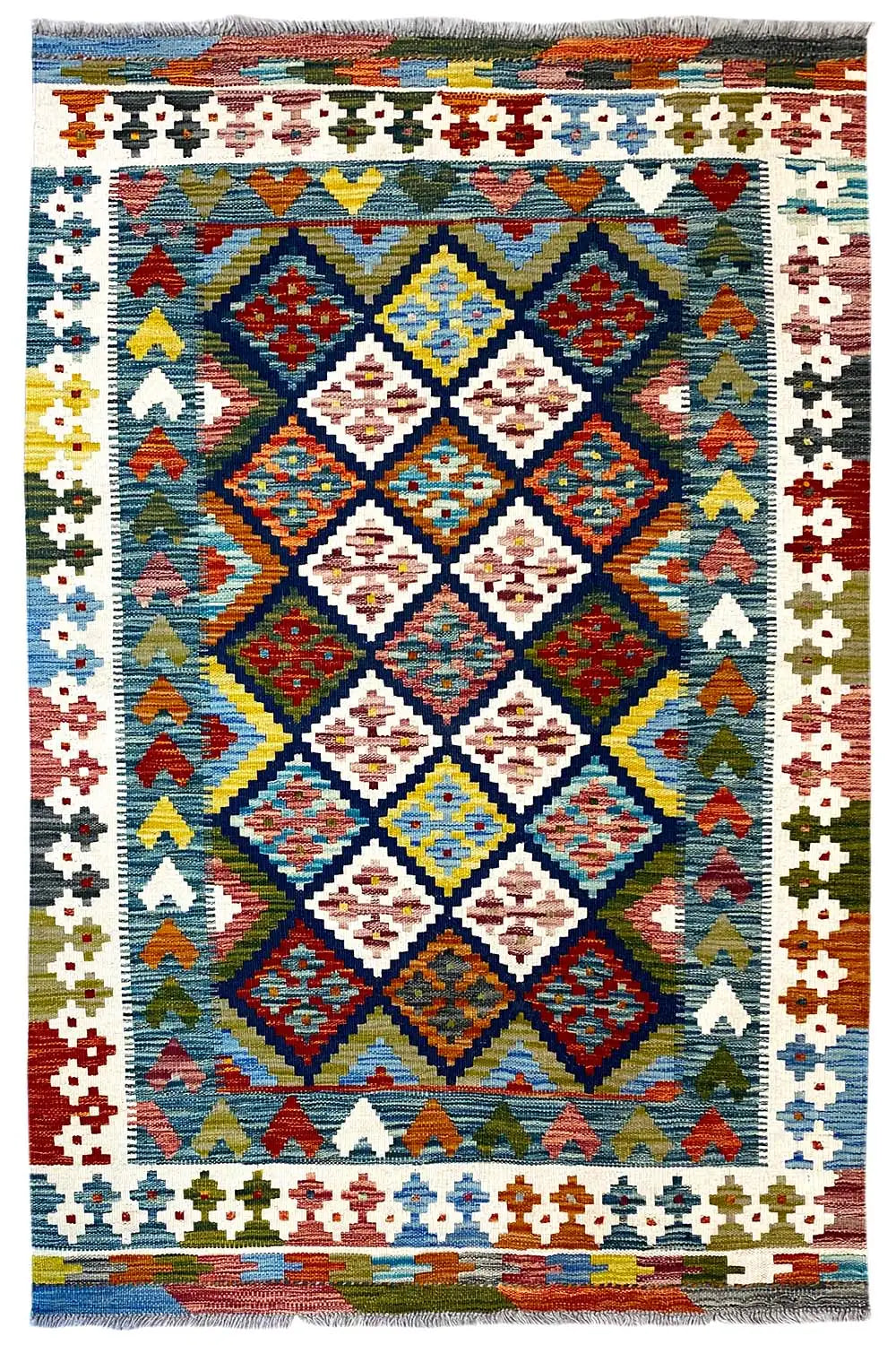 Afghan kilim rug (160x101 cm) with a multicolored diamond and border pattern