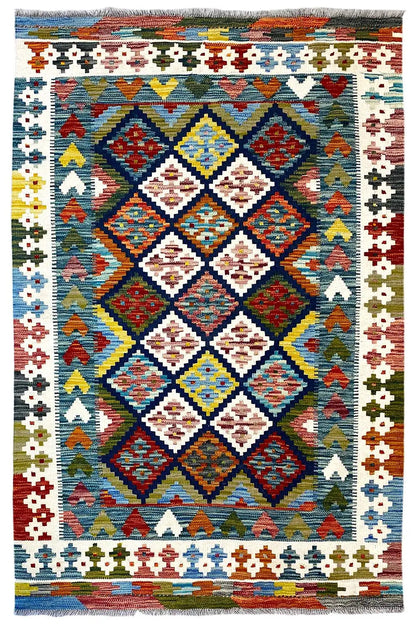 Afghan kilim rug (160x101 cm) with a multicolored diamond and border pattern