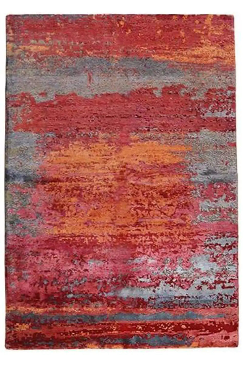 Front view of a rug with abstract stripes in red, gray, blue, and yellow
