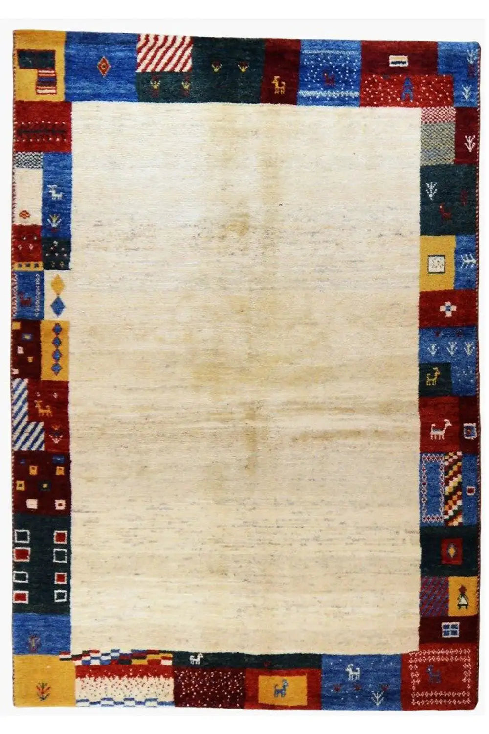 Gabbeh rug 210x149 cm with a beige center and colorful patchwork border