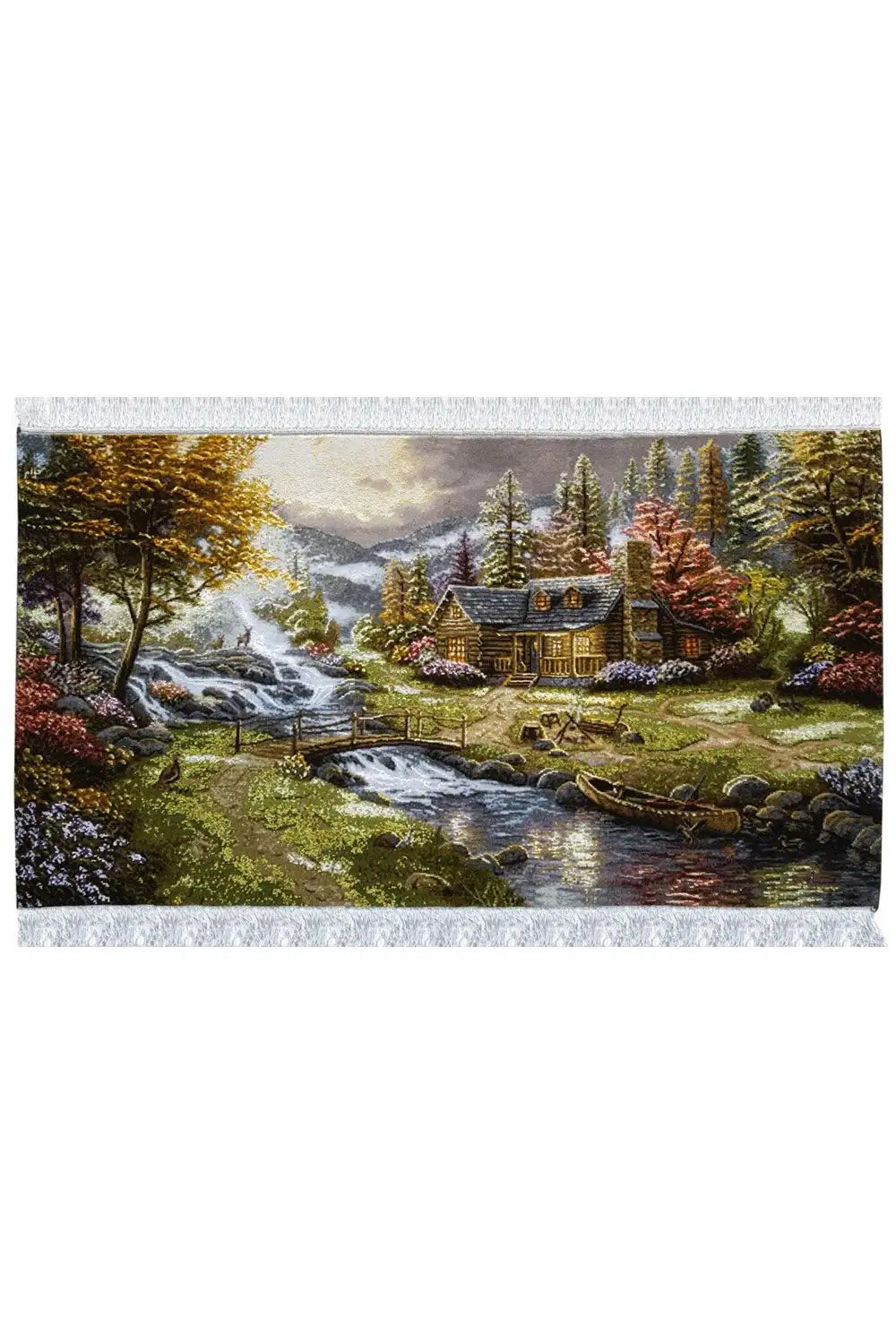 Tapestry 87x50 cm with landscape scene: river and house, rectangular, with fringes