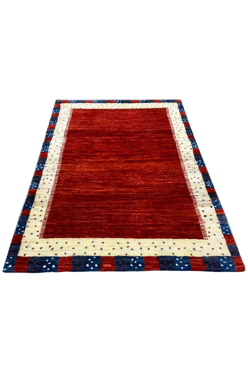 Gabbeh rug 119x76 cm, red center with a beige border and blue patterned stripe