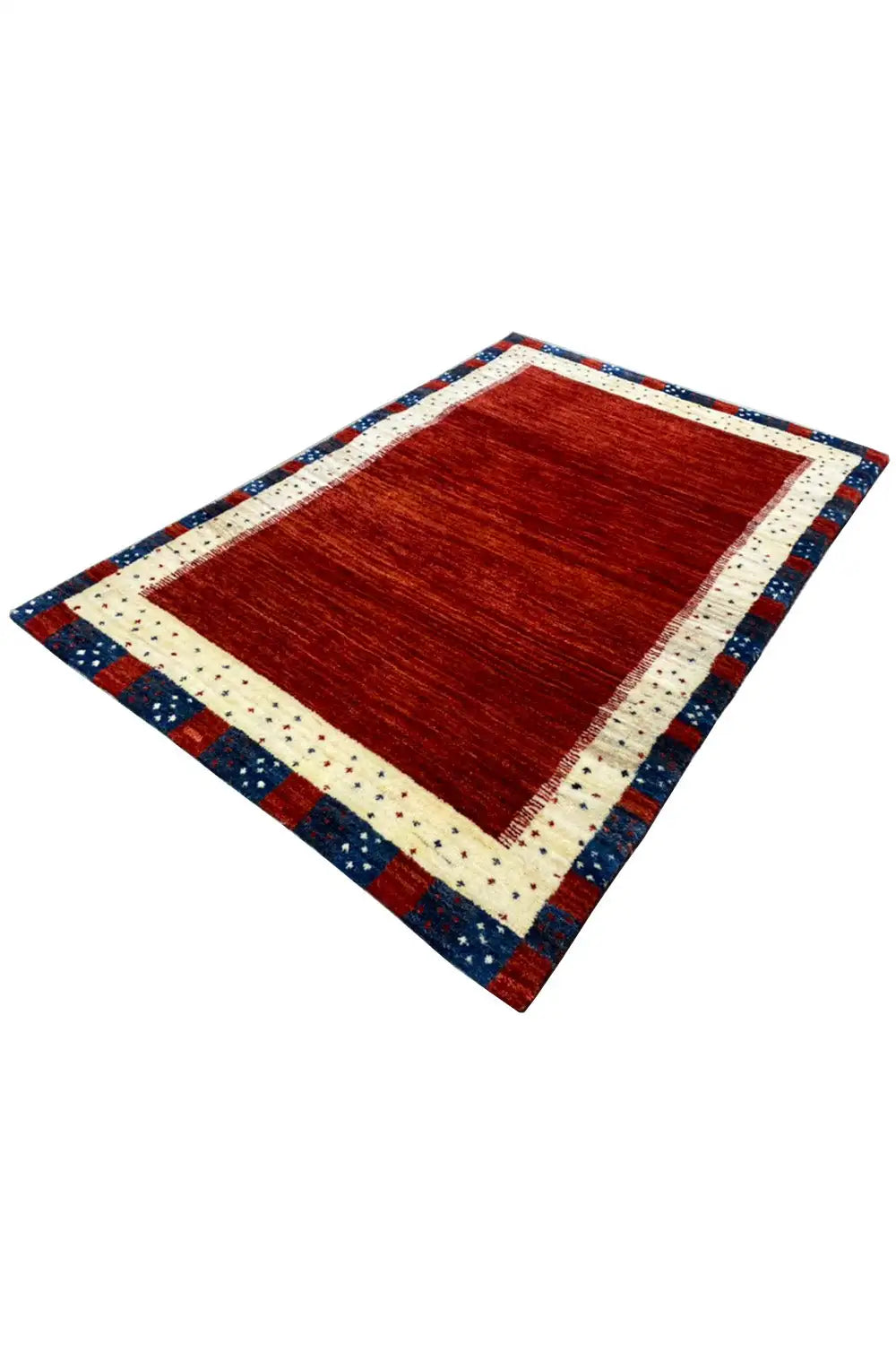 Gabbeh rug 119x76 cm, diagonal, red center with beige border and blue border pattern