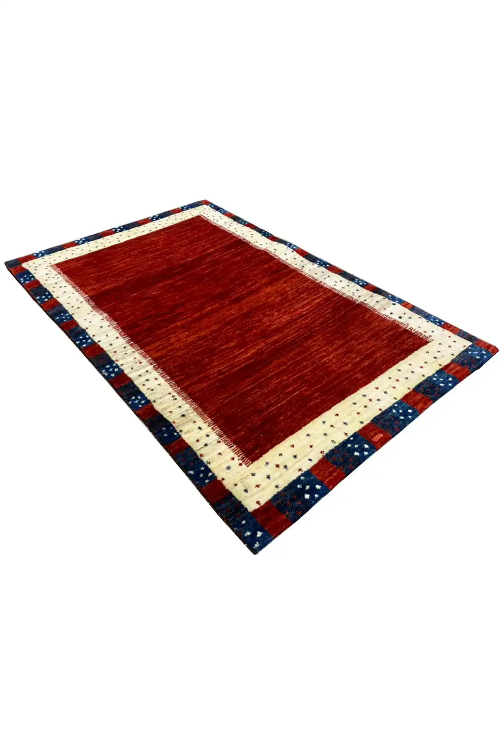 Gabbeh rug 119x76 cm diagonal, red center and beige frame with blue border