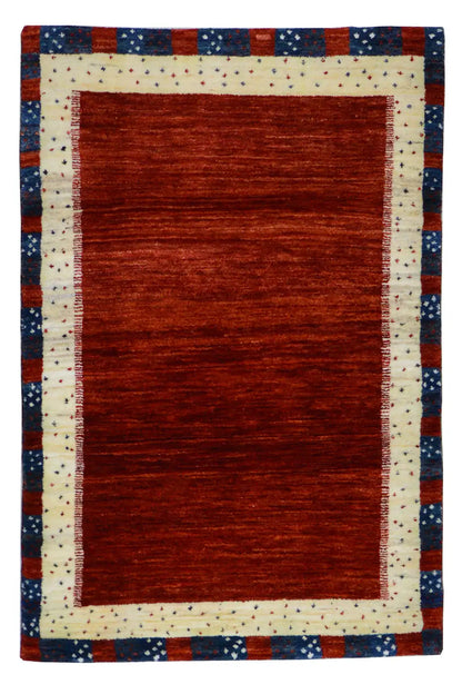 Gabbeh rug 119x76 cm with red rectangular pattern and blue border edging