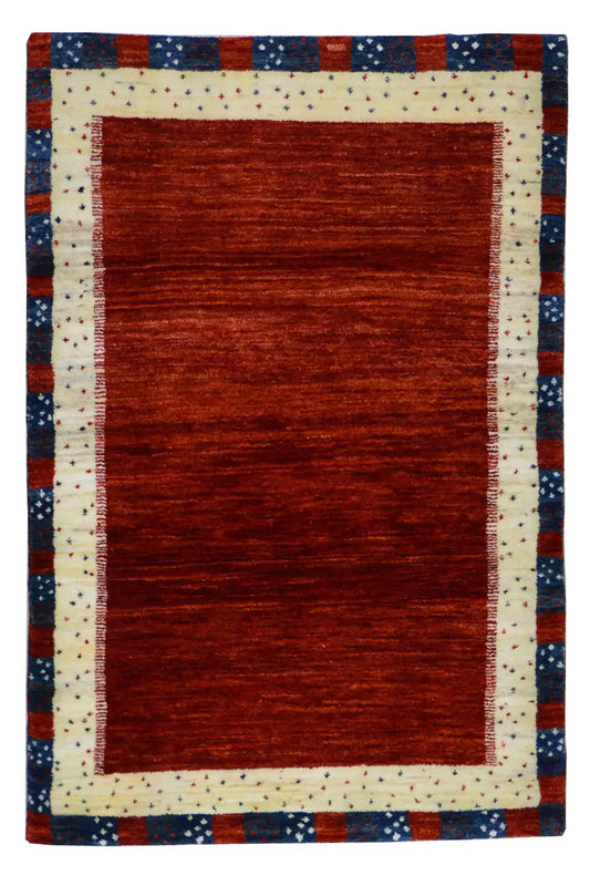 Gabbeh rug 119x76 cm with red rectangular pattern and blue border edging
