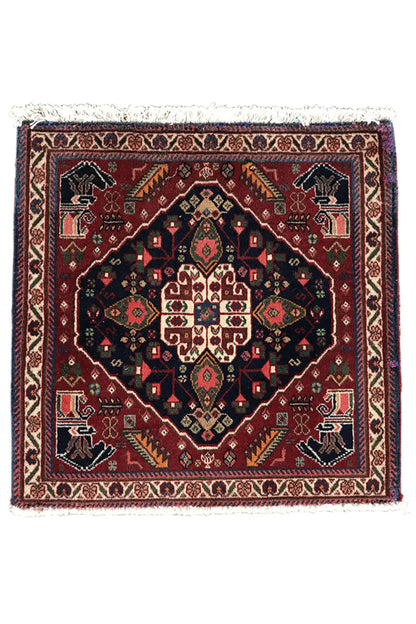 Square rug with a central medallion, dark background, colorful borders, and fringe