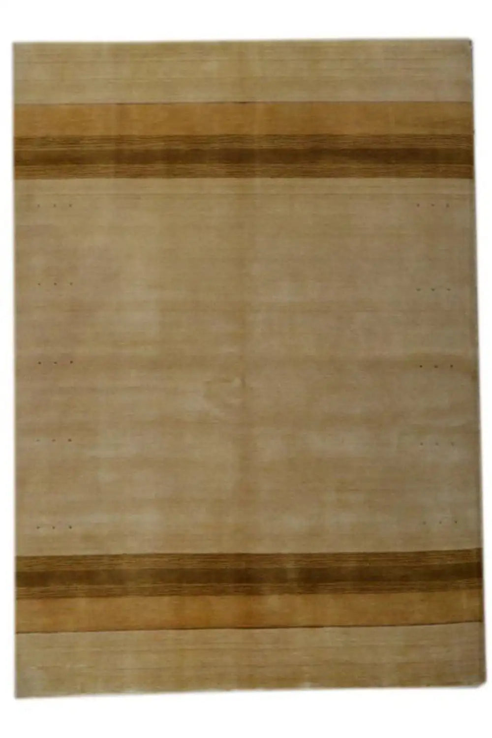 Rectangular rug with a beige background and brown stripes at the top and bottom