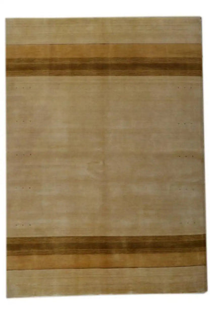 Rectangular rug with a beige background and brown stripes at the top and bottom