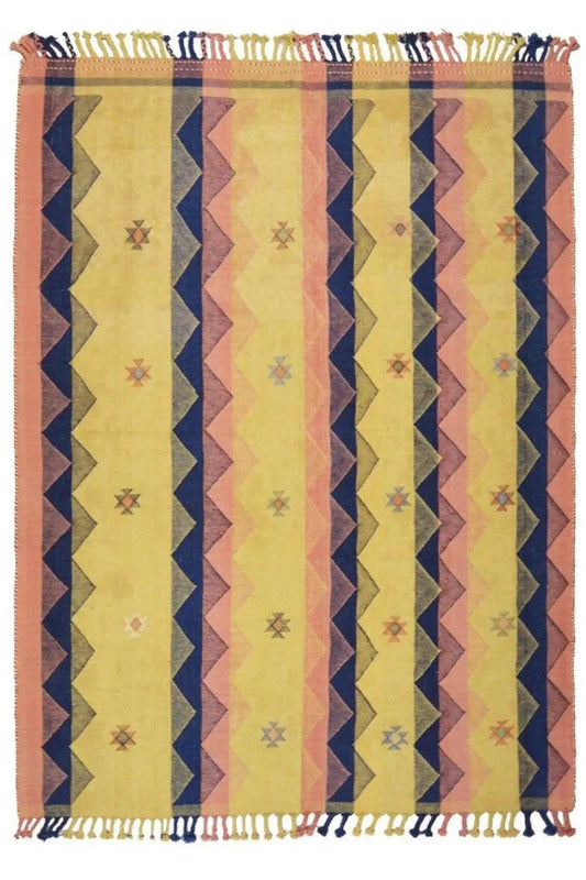 Rug with a vertical striped pattern in cream, blue, and rust, with fringes.