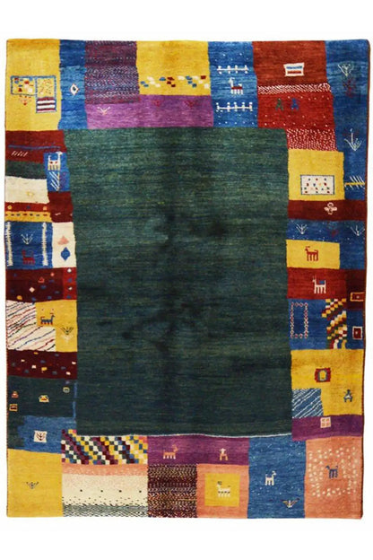 Gabbeh rug with a dark green central section and a multicolored, square border pattern