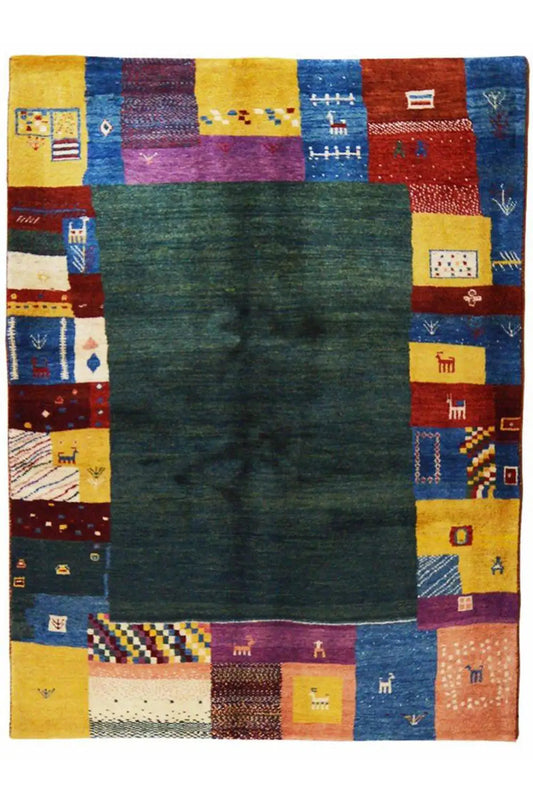Gabbeh rug with a dark green central section and a multicolored, square border pattern