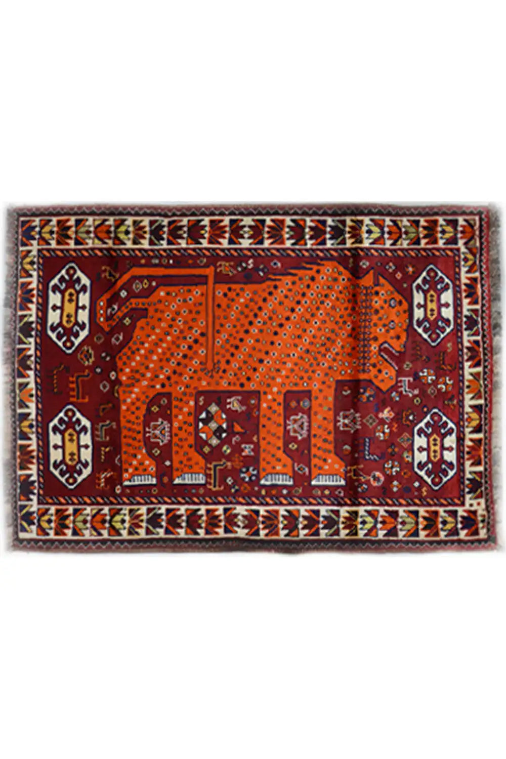 Gabbeh-style Oriental rug, burgundy and orange with dark ornaments, border, fringes