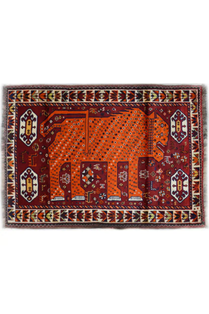 Gabbeh-style Oriental rug, burgundy and orange with dark ornaments, border, fringes