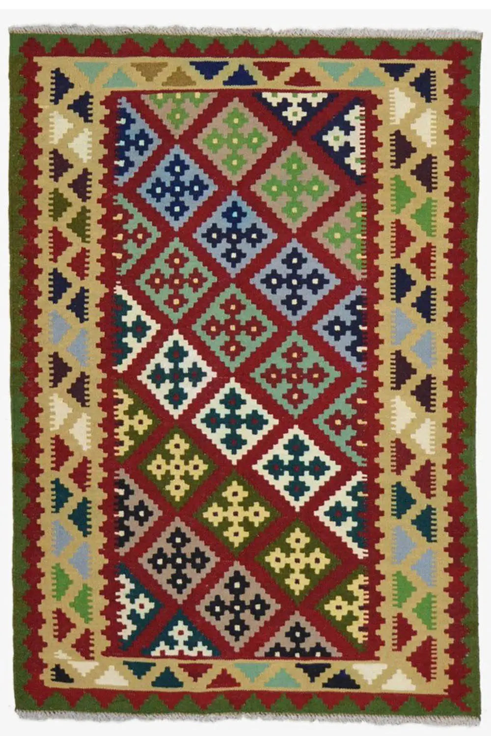 Rectangular kilim rug with a colorful diamond design and an all-around border pattern