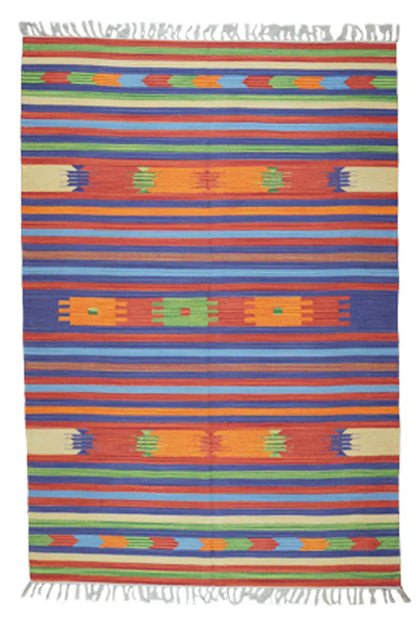 Kilim rug with orange and blue stripes, geometric motifs, and fringes