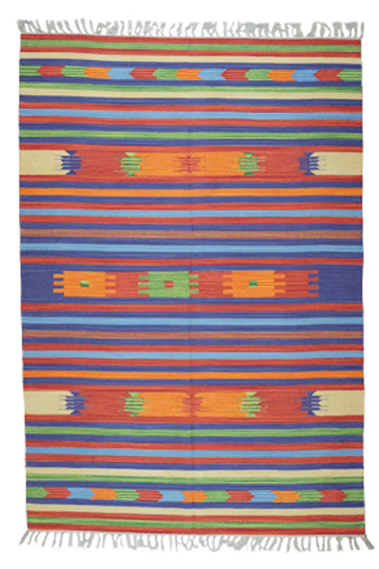 Kilim rug with orange and blue stripes, geometric motifs, and fringes