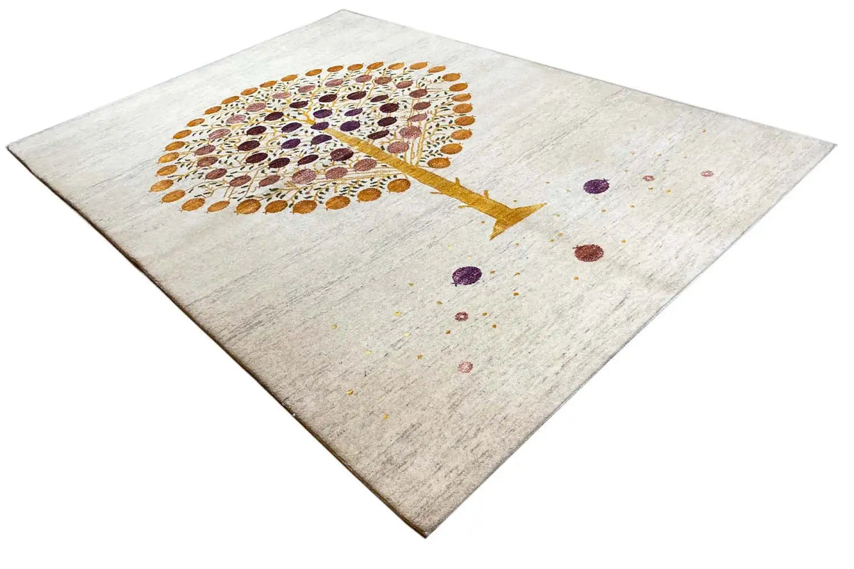 Gabbeh rug with diamond-cut design: Tree of Life with circular ornaments in gold and violet