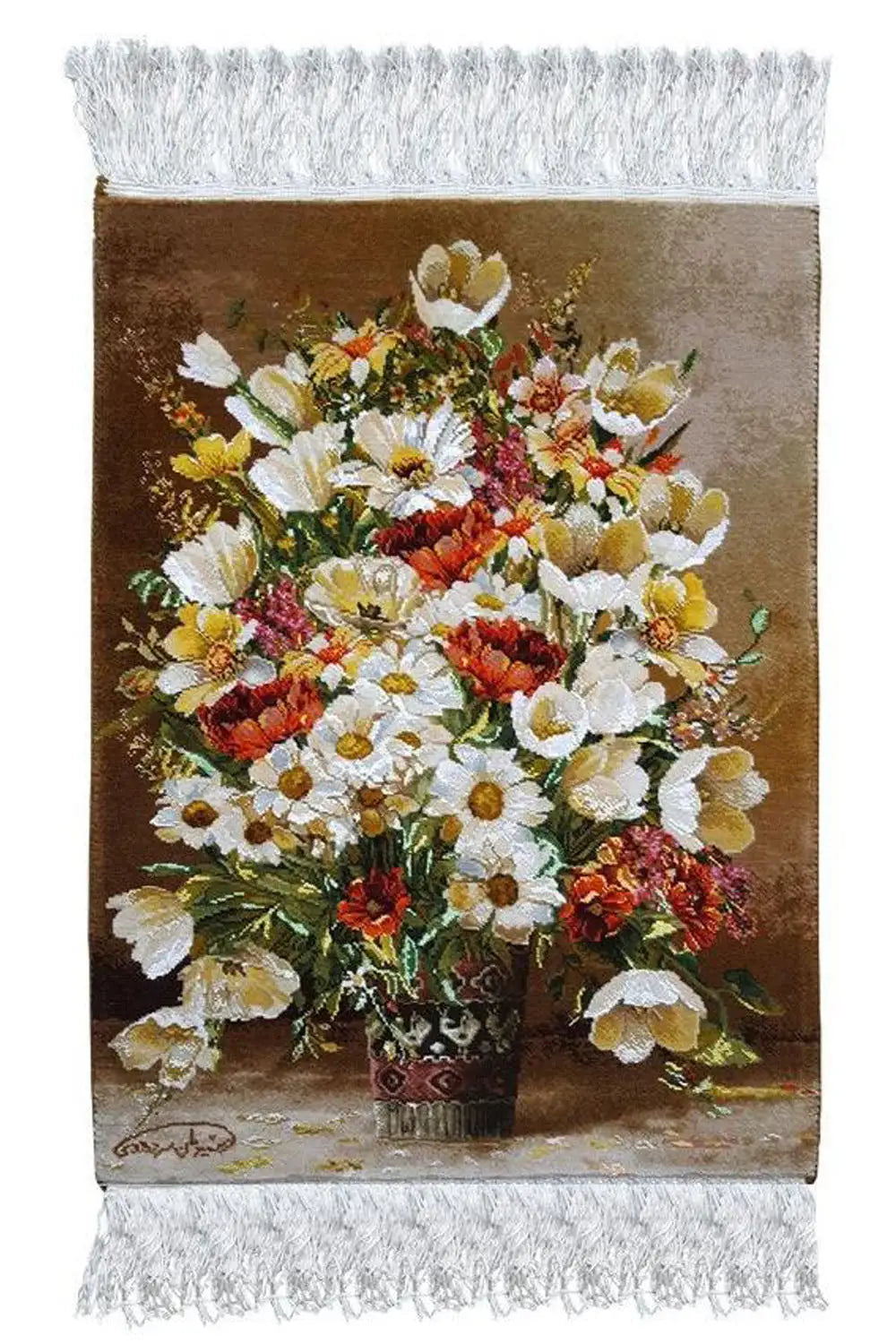 Tapestry with a bouquet motif in a brown field, fringes at the top and bottom