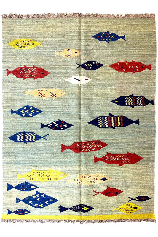 Multicolored rectangular kilim with fish motifs and fringes along the edge