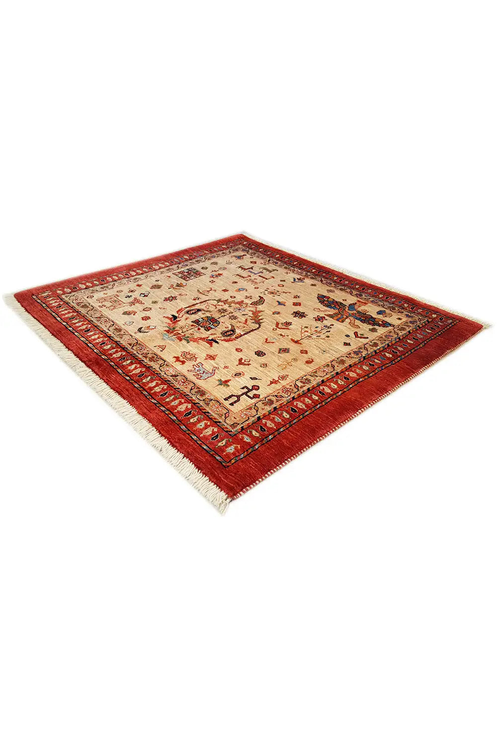 Oriental rug with a beige background, red border, and floral patterns, square-shaped