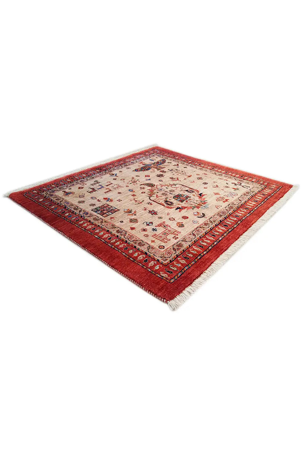 Square Oriental rug with a beige patterned field, red edge and border