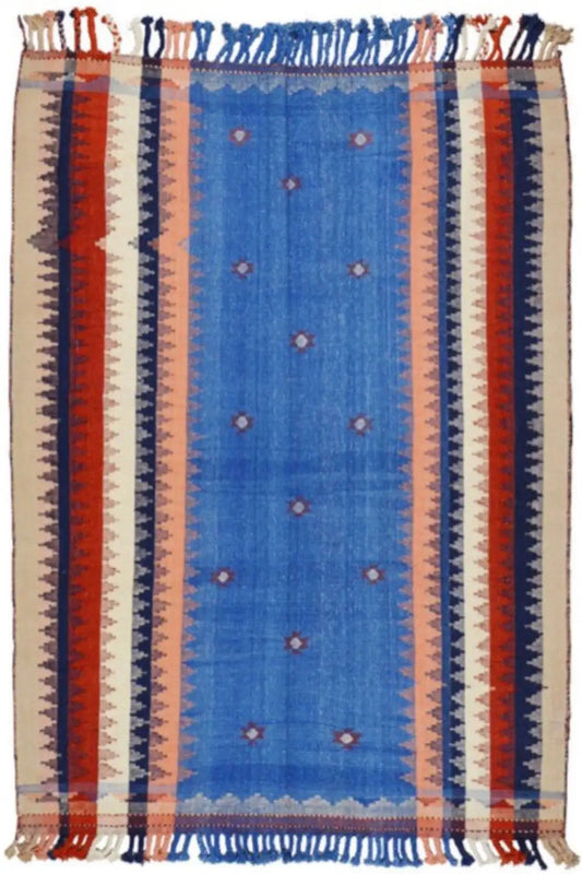 Rug with a blue center, red side stripes, a beige border, and fringes