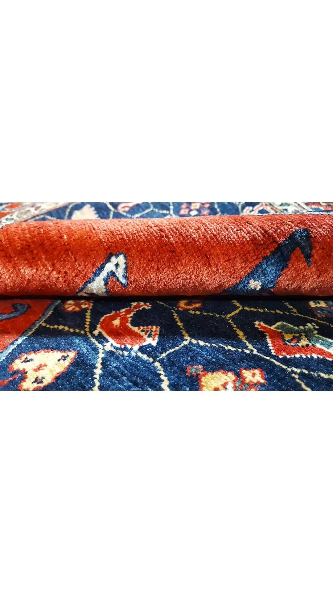 Blue-red patterned carpet edge with fringes, detail view