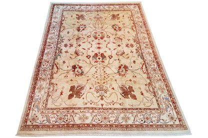 Rectangular rug: beige background, red medallion ornament, bordered trim