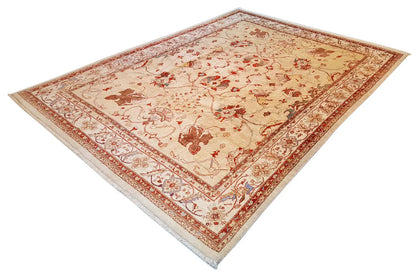 Carpet corner with a beige patterned ground, red border, and floral ornament