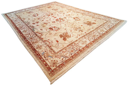 Carpet shown at an angle with a beige background, red border, and stylized motifs