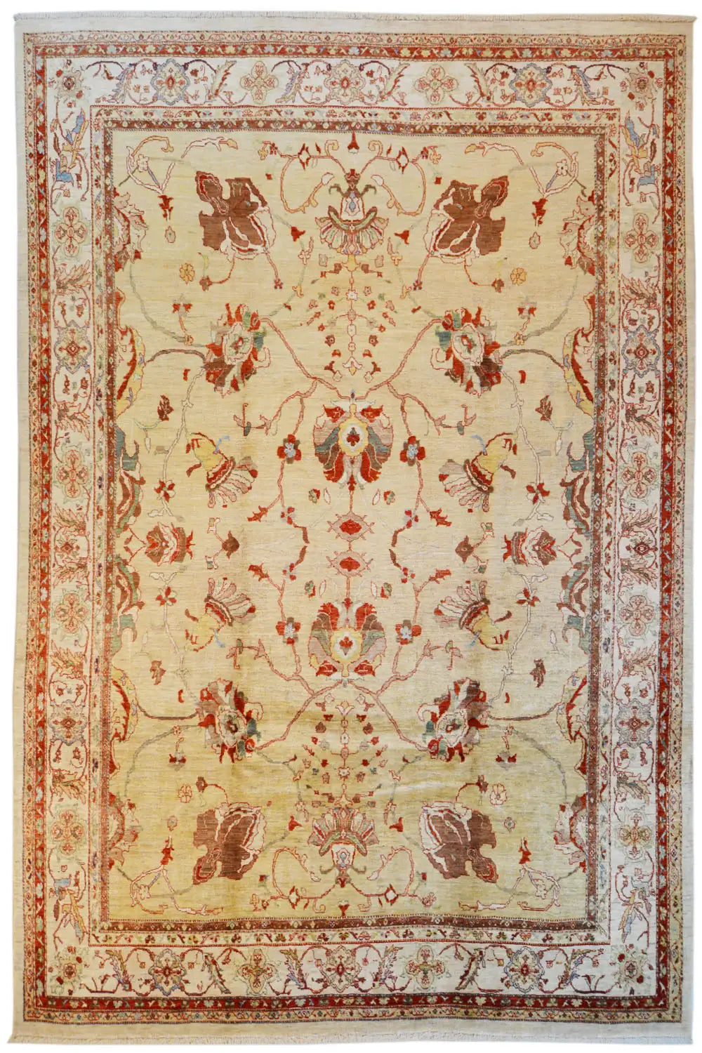 Oriental rug with a beige background, red border, and playful ornamental pattern