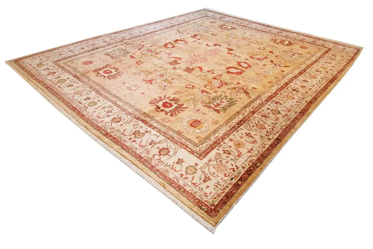 Corner view: Oriental rug with a beige base and reddish-brown medallion pattern