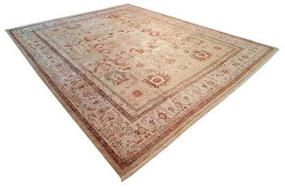 Oriental rug viewed from above: beige background with red floral ornaments
