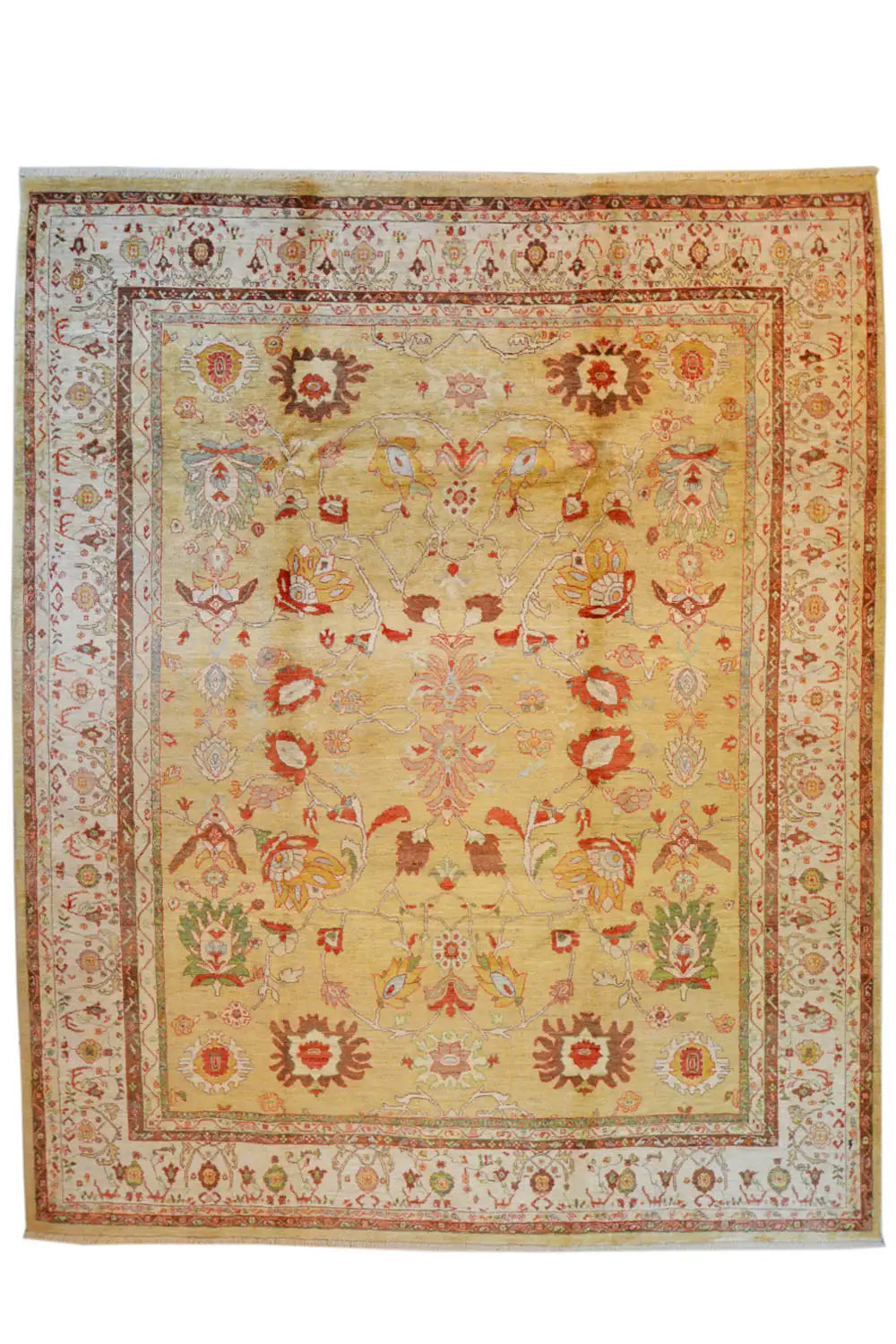 Oriental rug with a beige background and red-and-gold ornaments, square medallion design