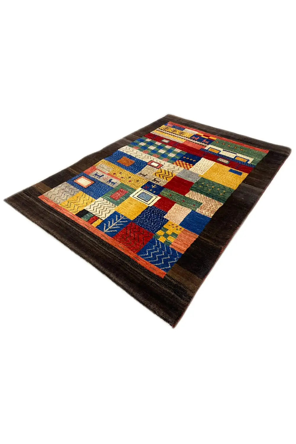 Gabbeh rug in oblique view with colorful squares and zigzag elements