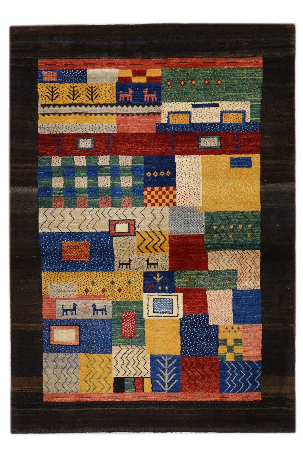 Gabbeh rug with a dark brown border and colorful geometric patchwork patterns