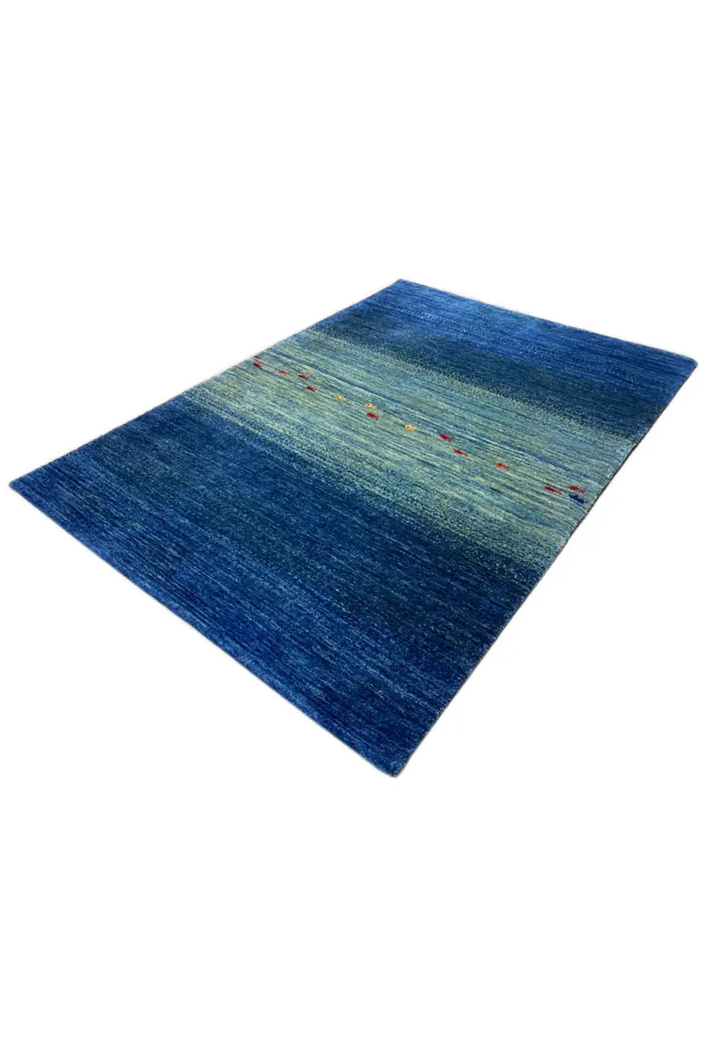 Blue carpet in oblique view with horizontal color bands and multicolored dotted lines