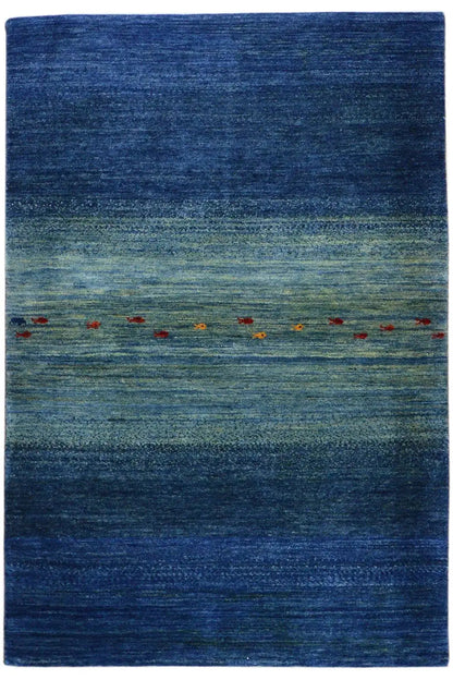 Blue carpet with horizontal stripes and colorful patterned elements, 147x98 cm