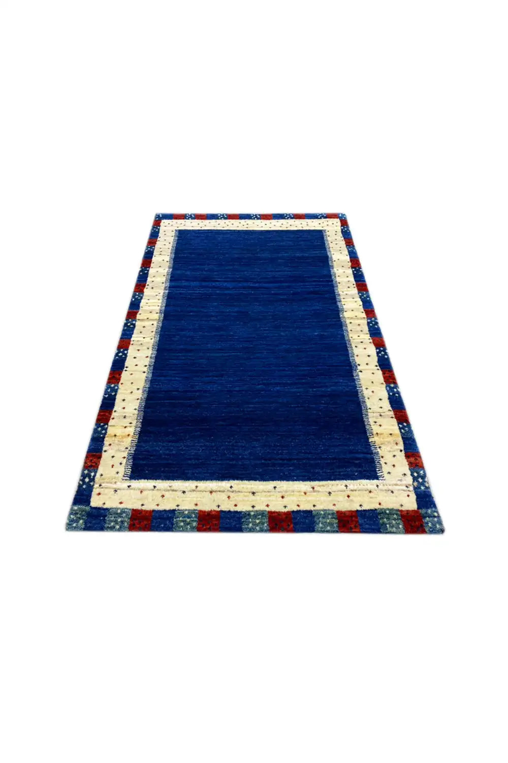 Gabbeh rug with a rectangular blue central field, cream border, and multicolored edge
