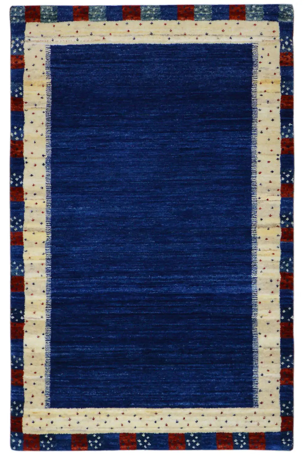 Gabbeh rug with a blue field and cream-colored border, red-and-blue edging